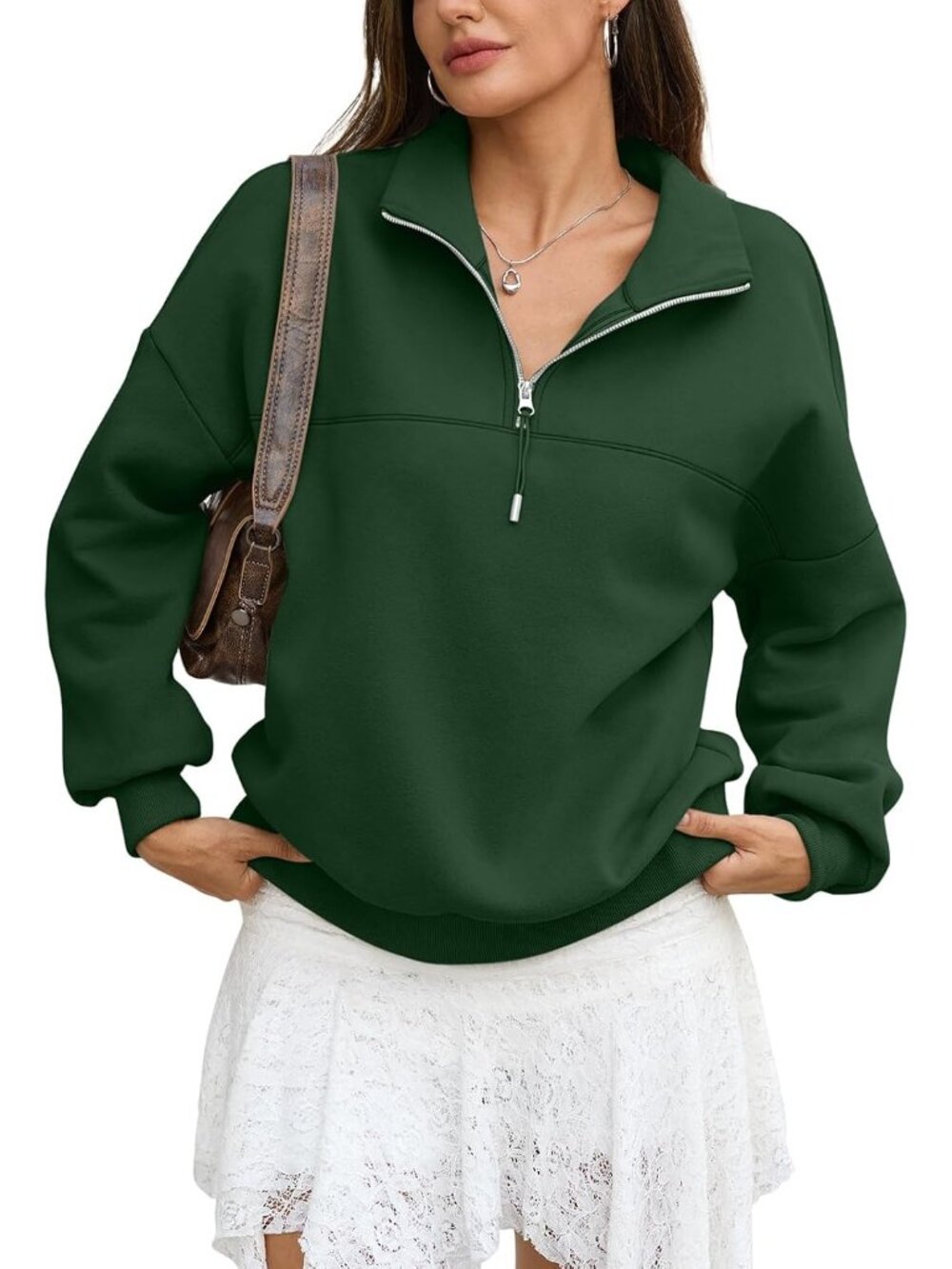 🆕Women's Dark Green Fleece Quarter Zip Pullover Oversized Long Sleeve Sweater
